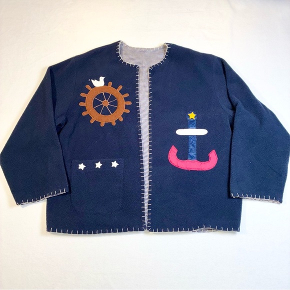 Women’s Fleece Open Front Cardigan Jacket Nautical Appliqué Whip Stitch Navy - Picture 2 of 9